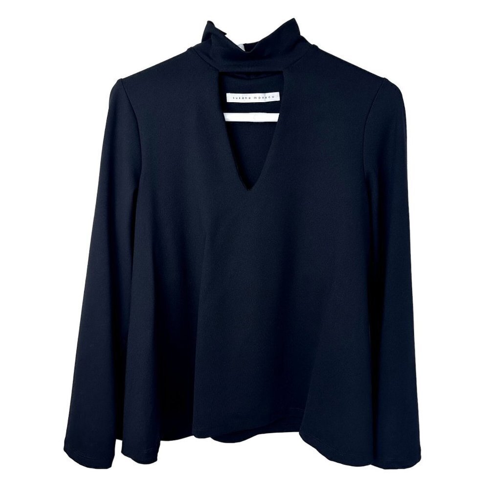 Susana Monaco Womens Mock Neck V-Neck Cut Out Long Flare Sleeve Top Size M Black